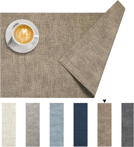 DOLOPL Placemats Set of 6, Reversible Wipeable & Heat Resistant Place Mats, Modern Faux Leather Table Mats for Kitchen, Neutral Waterproof Tablemats for Dining Table Decor, Wedding, Party(Brown)