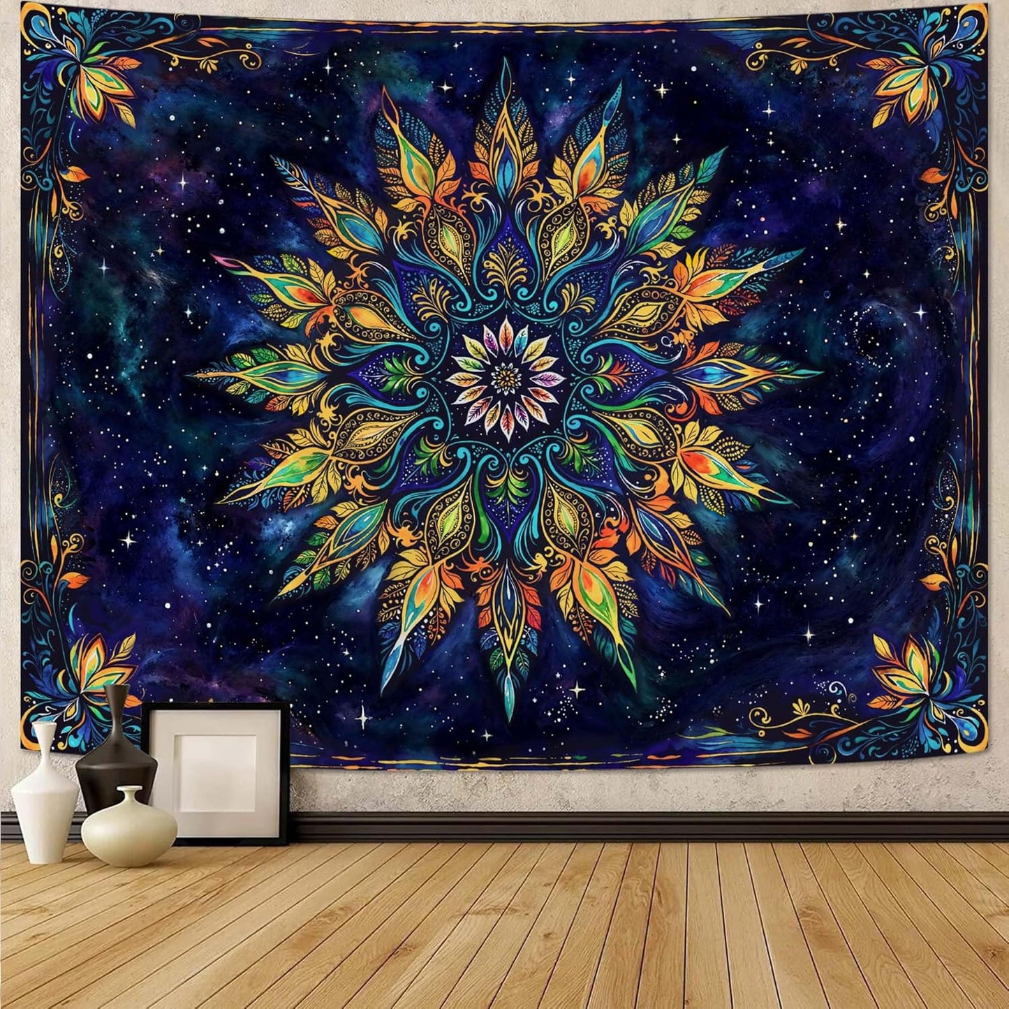 Fowocu Boho Floral Mandala Tapestry for Bedroom Aesthetic Blue Bohemian Colorful Flower Wall Tapestry Purple Hippie Indian Extra Large Tapestries Wall Hanging for Living Room Dorm Decor 90 x 68 Inch