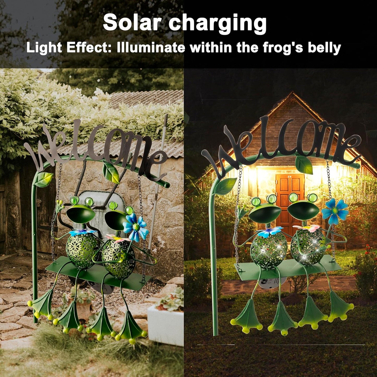 Frog Solar Light Garden Outdoor Decoration Swing Metal Stake Lamp with Welcome Sign Waterproof Patio Yard Decor Gifts-48 inch