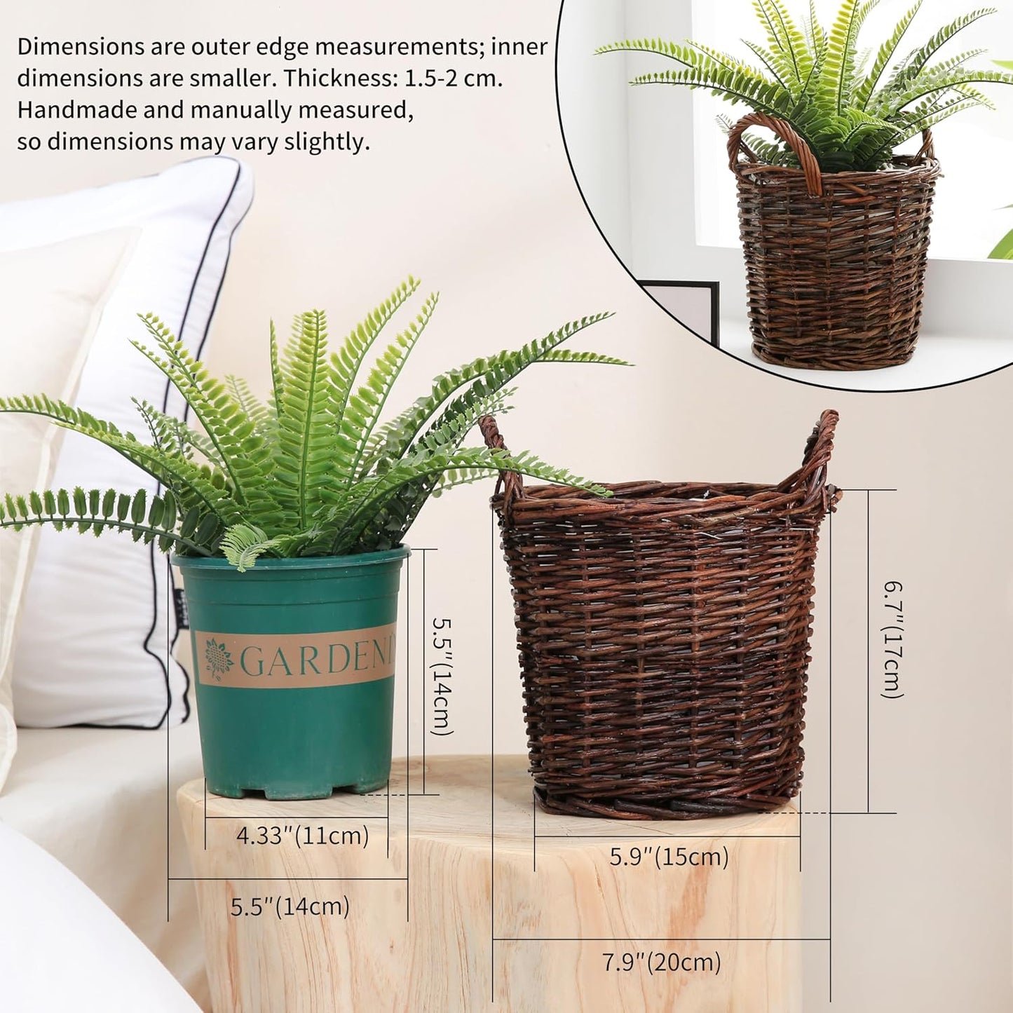 Handwoven Red Willow Planter Basket with Waterproof Liner – Natural Brown Decorative Flower Pot Holder for Indoor Use - Small Size (Inner Top Ø 7", Inner Height 5.9")