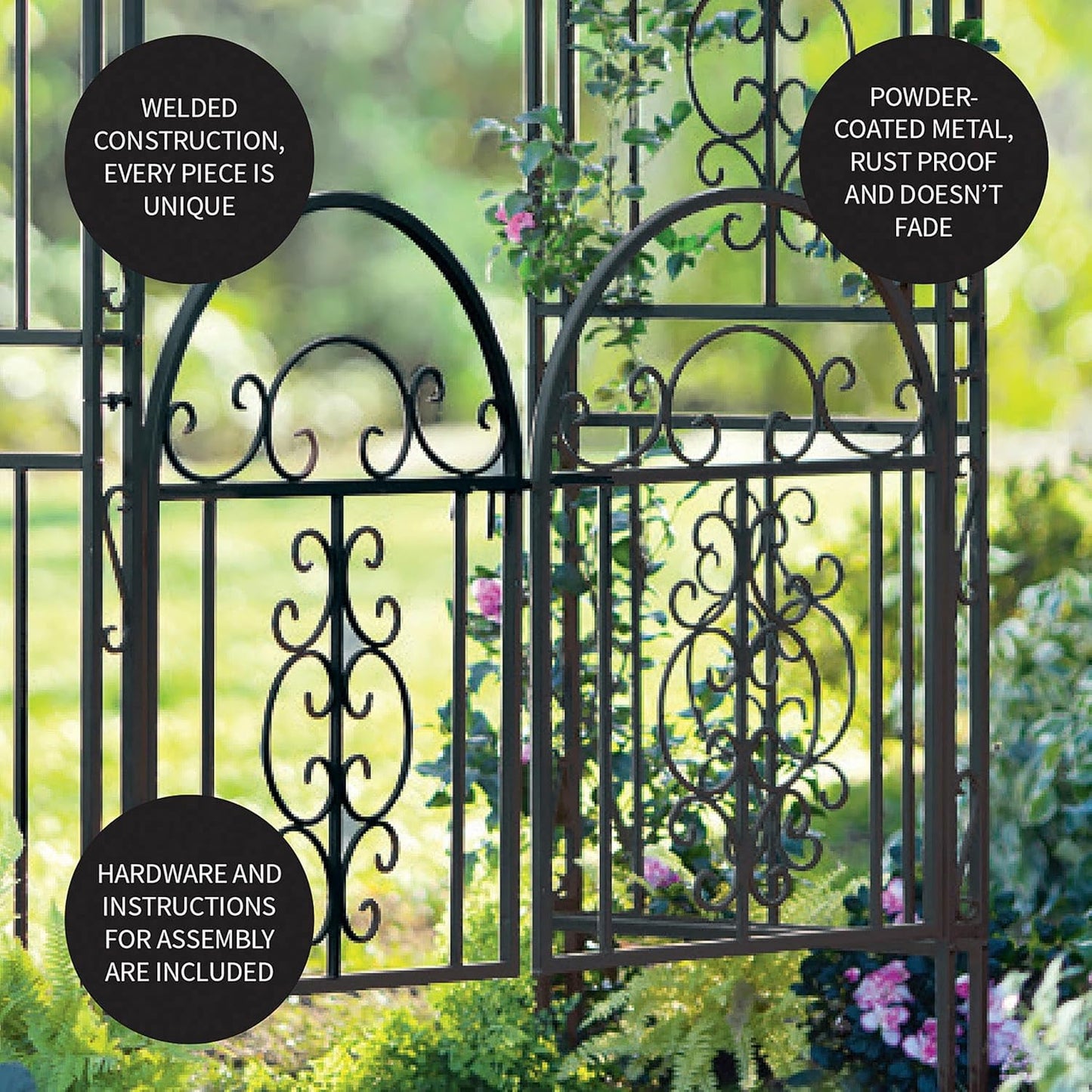Plow & Hearth Arch Metal Outdoor Garden Arbor Double Gate | Montebello | 7 Feet Tall | Gunmetal Black | Trellis Lattice Climbing Plants