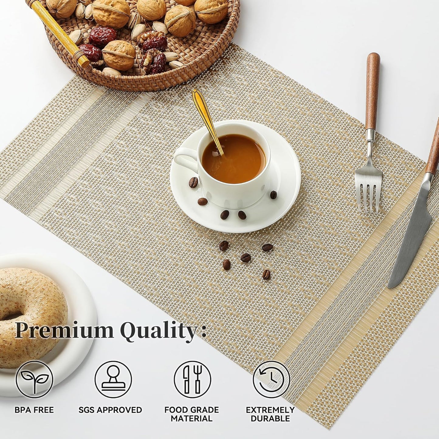 Leetaltree Stardust Yellow Placemats Set of 6 - Heat Resistant Non-Slip Place mats for Dining Table, Washable Durable PVC Vinyl Woven Table Mats（Stardust Yellow, 6）