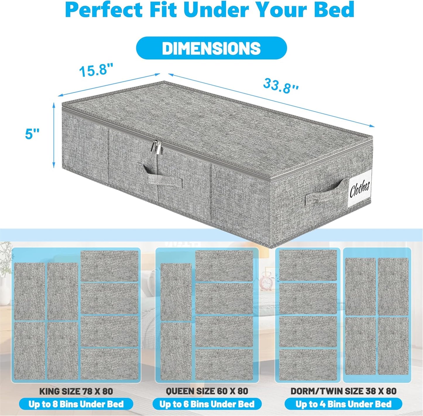 Under Bed Storage Container Bins 2 Pack, 5 Inch Thin Low Profile Underbed Clothes Storage Organizer for Dorm & Home, Use for Blanket and Toy Storage Box W/ Sturdy Bottom/Sides, Foldable Thick Fabric