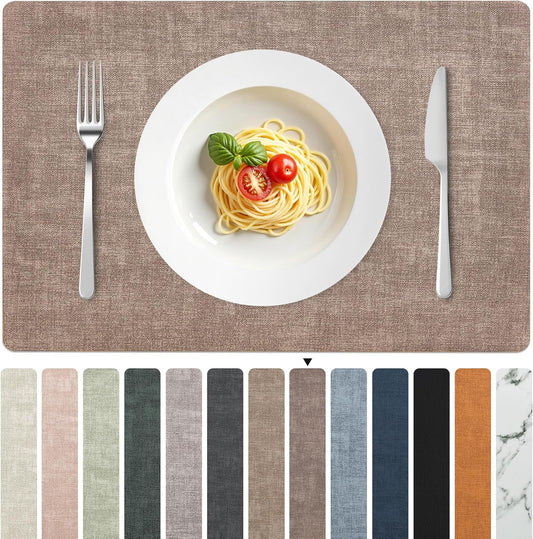 FROMHEART Faux Leather Placemats Set of 12–Waterproof,Heat/Oil Stain-Resistant PU Table Mat–Reversible,Non-Slip,Easy to Clean Place Mats for Kitchen,Dining,Indoor/Outdoor,(Dark Coffee,11.8" x 17")