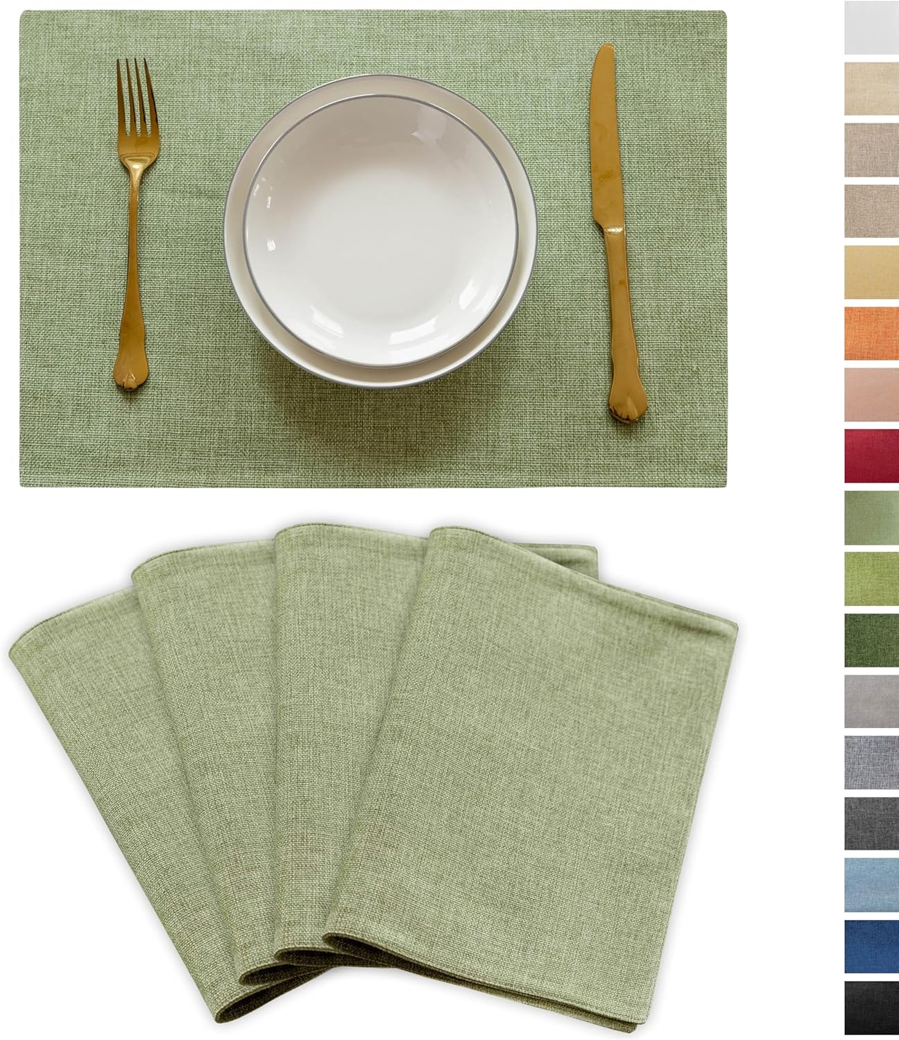 Demetex Green Placemat Set of 4 Washable Linen Place Mats for Dinner Heat Resistant Sage Cloth Placemats Scratch Resistant Plate Mats for Dining Table Kitchen, Green
