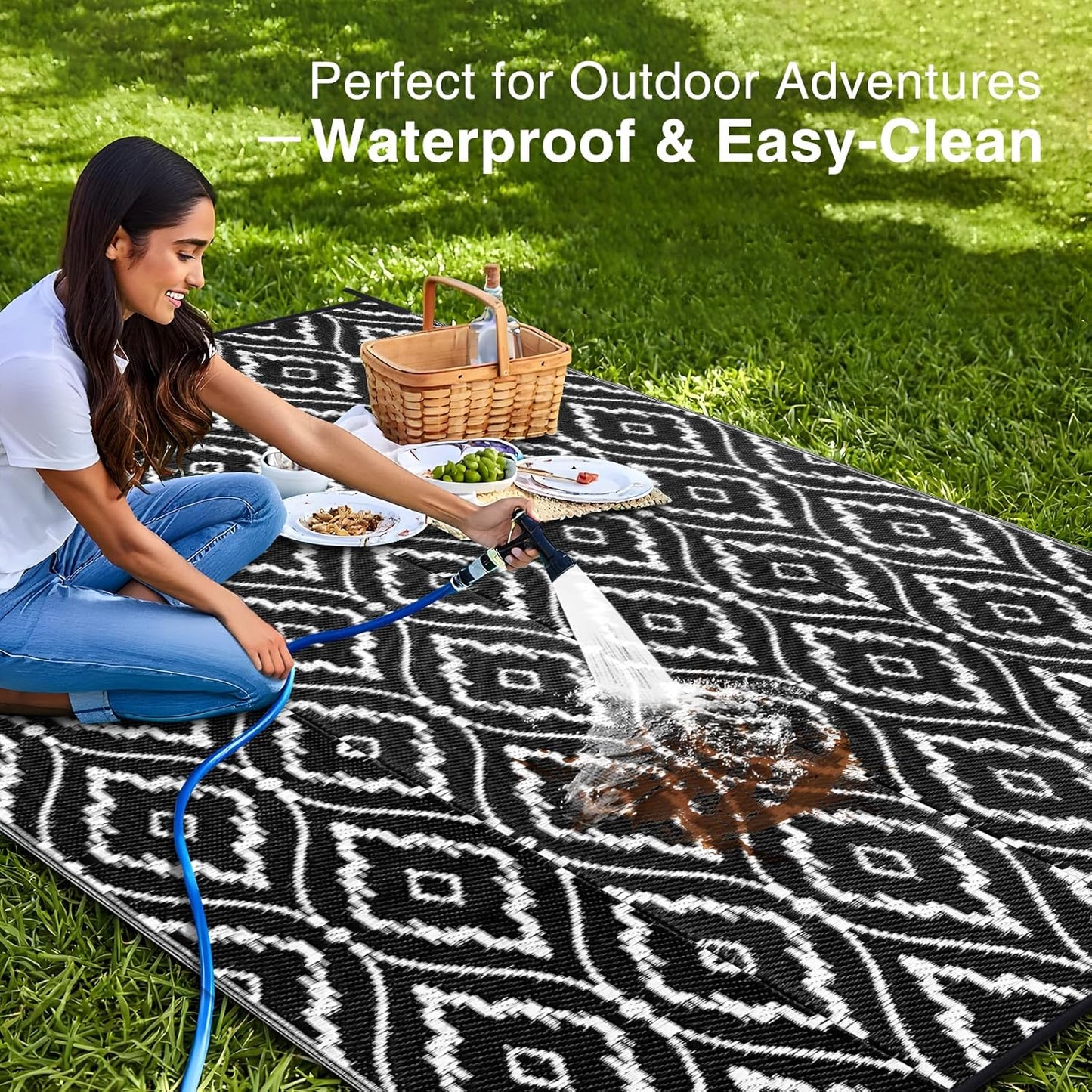 OLANLY Outdoor Rug 6x9 ft Waterproof, Outdoor Plastic Straw Rug with Geometric Pattern Clearance, Reversible RV Mat for Patio, Camping, Balcony, Deck, Backyard, Black & White