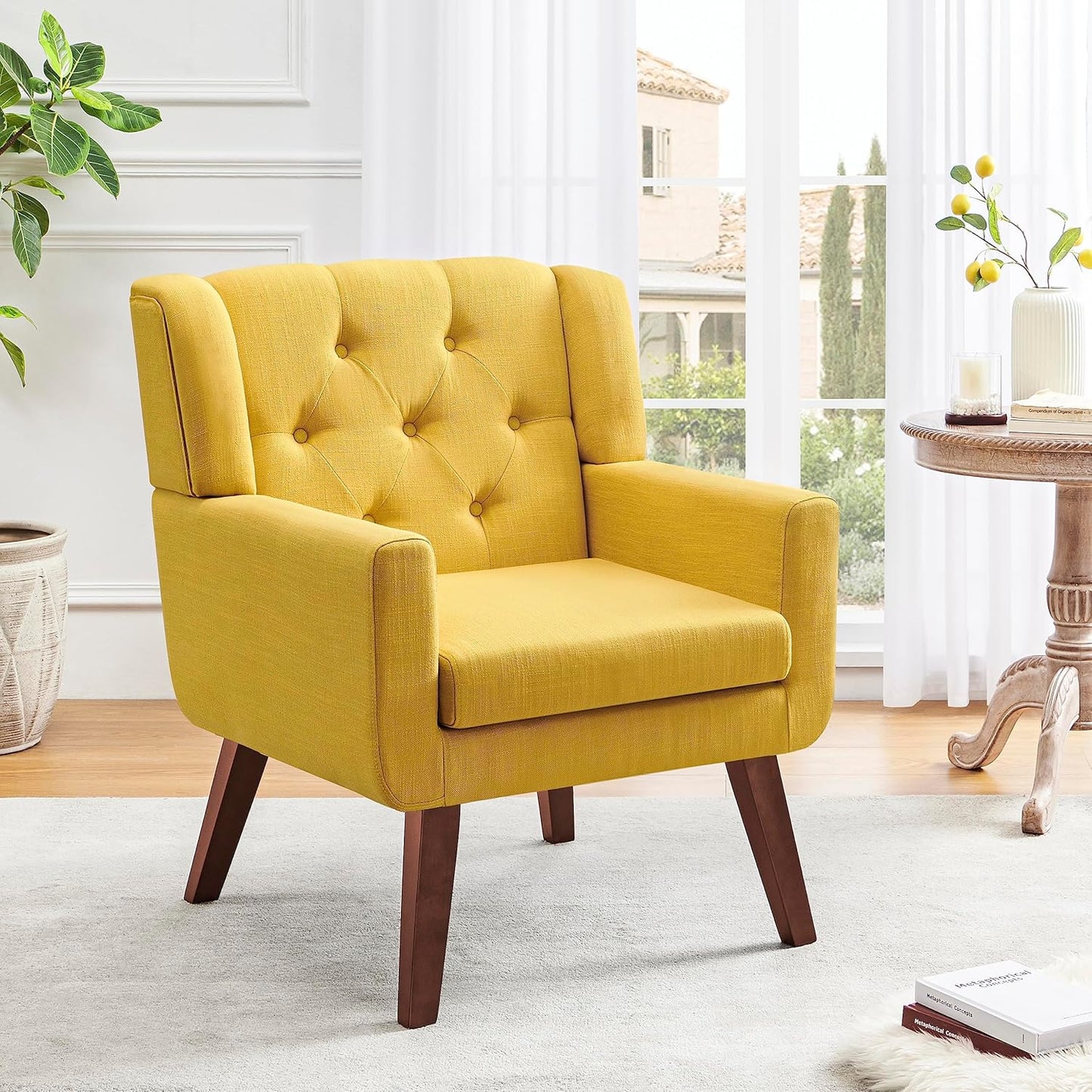 Accent Chairs Set of 2, Button-Tufted Upholstered Living Room Chairs Set of 2, Comfy Reading Chair Mid Century Modern Chairs with Linen Fabric Lounge Arm Chairs for Bedroom (Bright Yellow)