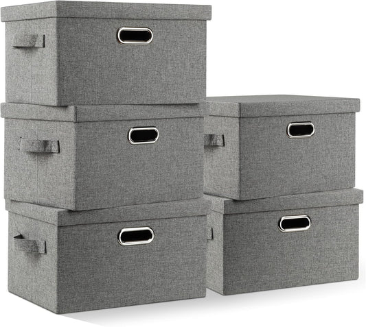 Medium 15" 21 Quart Collapsible Stackable Storage Bins with Lids, 5 Packs Grey Foldable Fabric Closet Boxes Heavy-duty Linen Cube Baskets Container for Bedroom Office (15 x 11 x 8)