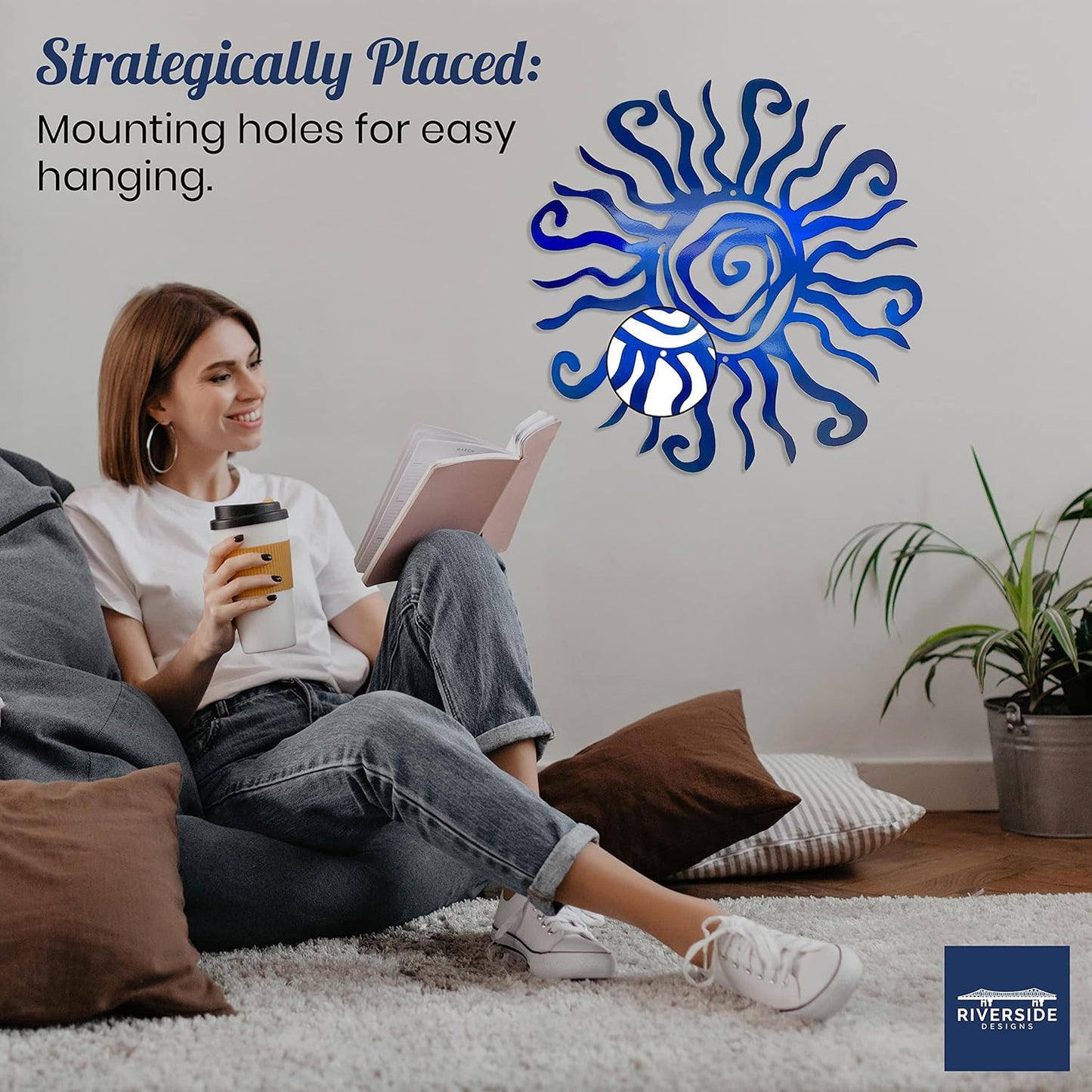 Riverside Designs Wacky Sun Metal Wall Art Indoor/Outdoor Decor - 18" Blue Rust Proof Wall Sculpture - Made in USA - Ideal for Bedroom, Garden, Home, Patio and Farmhouse