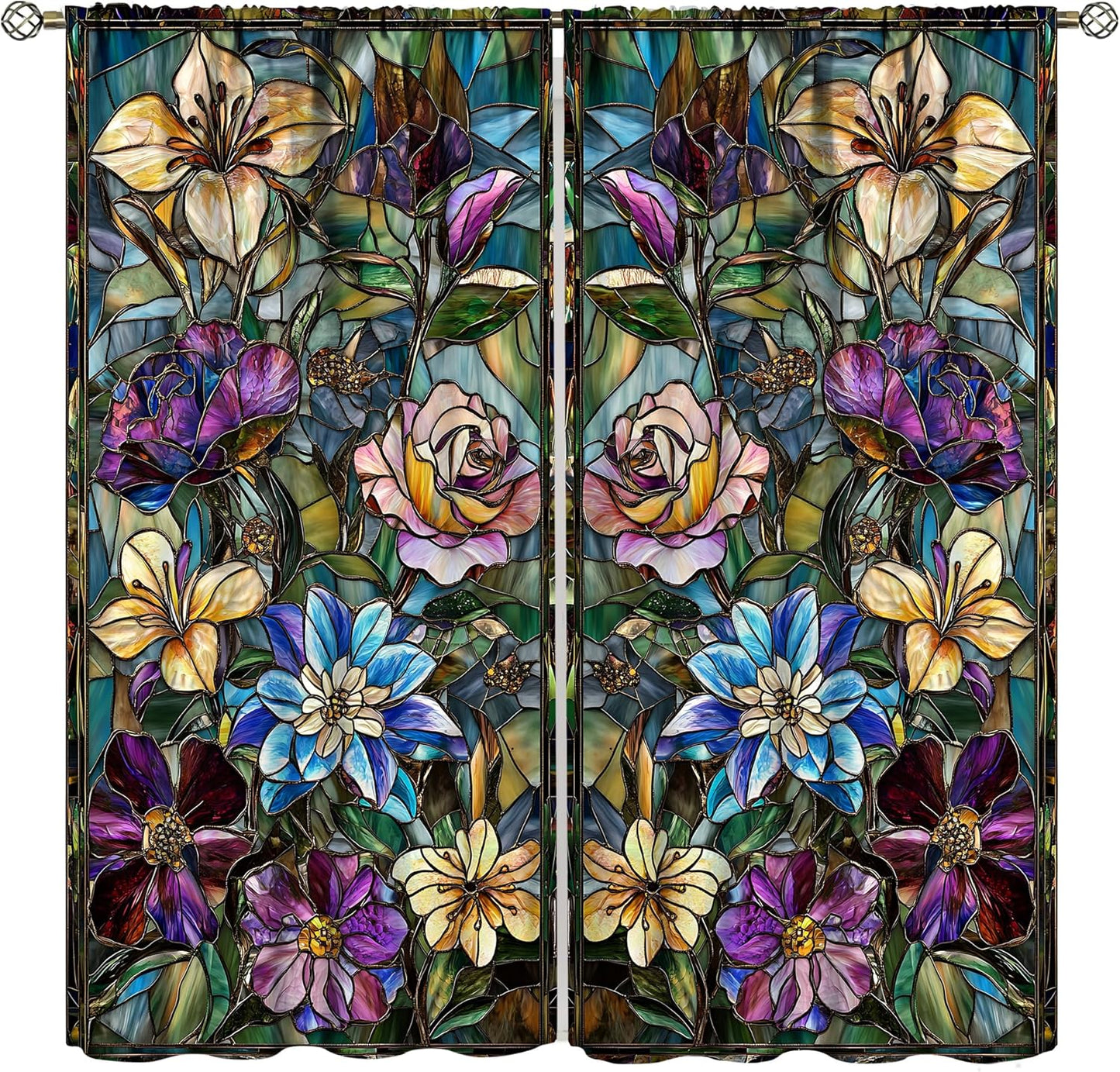 Stained Glass Curtains,Retro Colored Glass Flowers Art Home Decor Drapes for Bedroom Living Room Kitchen Window Treatment 2 Panels Set Total Size 84" W X 84" L Inch