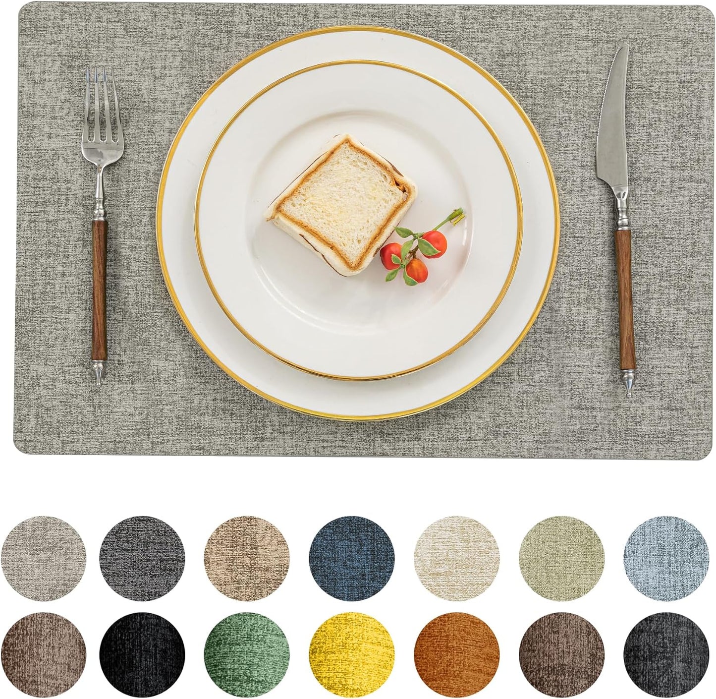 Romanstile Vinyl Placemats Set of 6-12 X 18 Inch - Heat Resistant Place Mats 100% Waterproof Oilproof Wipeable Reversible Faux Leather Table Mats for Kitchen/Dining/Party/Outdoor, Light Grey