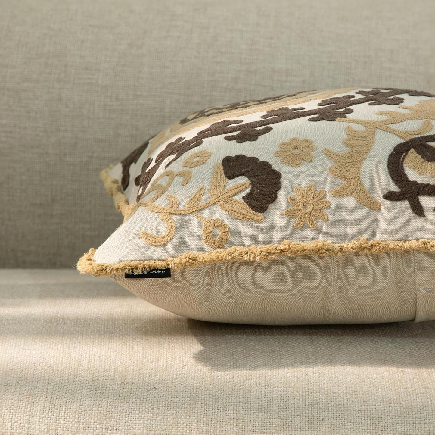 Embroidered Floral Mandala Vintage Indian Cotton Decorative Embroidery Throw Pillow Covers, Fringes Lace Cushion Cover, Pillow Case for Sofa Couch Bed Chair 18" x 18"