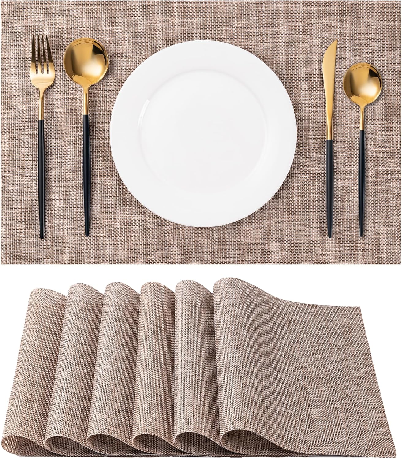 Placemats Set of 6 Washable Indoor/Outdoor Vinyl Place Mats for Dining Table Durable Non-Slip Heat Resistant PVC Weave Table Mats（Khaki）