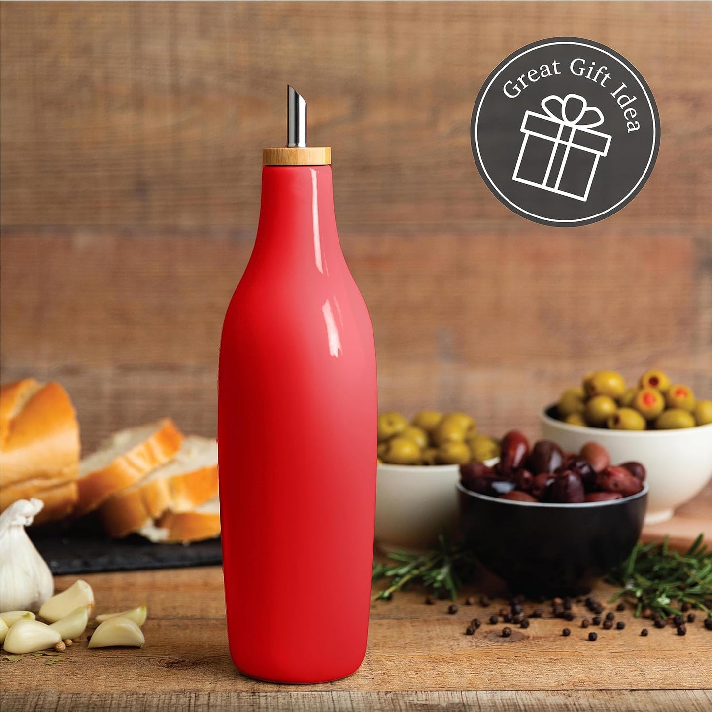 kitchentoolz Olive Oil Stoneware Dispenser Bottle, Ceramic 16 Oz Container for EVOO or Vinegar Kitchen Counter, Red