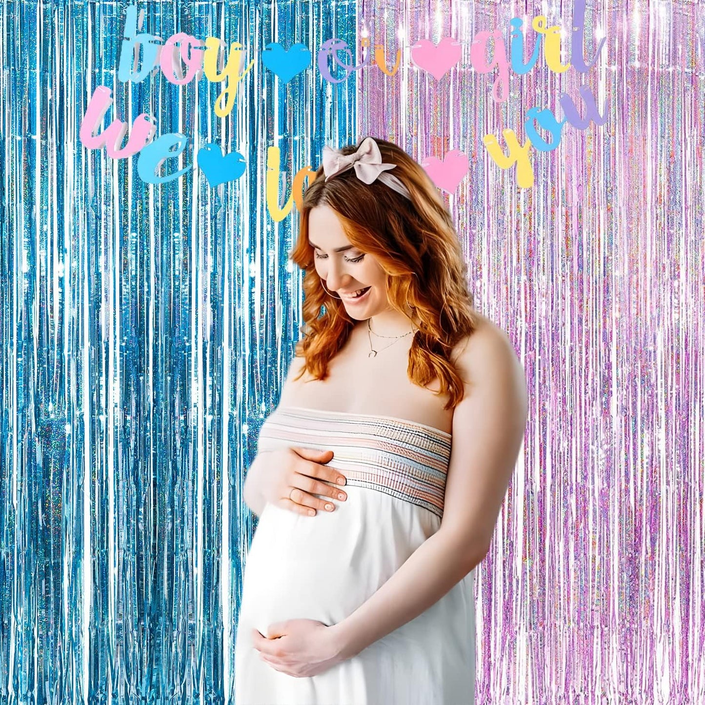 BRAVESHINE Pink Blue Tinsel Foil Fringe Curtains - 2Pcs 3.2x8.2ft Holidays Photo Streamers Backdrop for Easter Girl or Boy Birthdays Bridal Shower Party Supplies Decorations