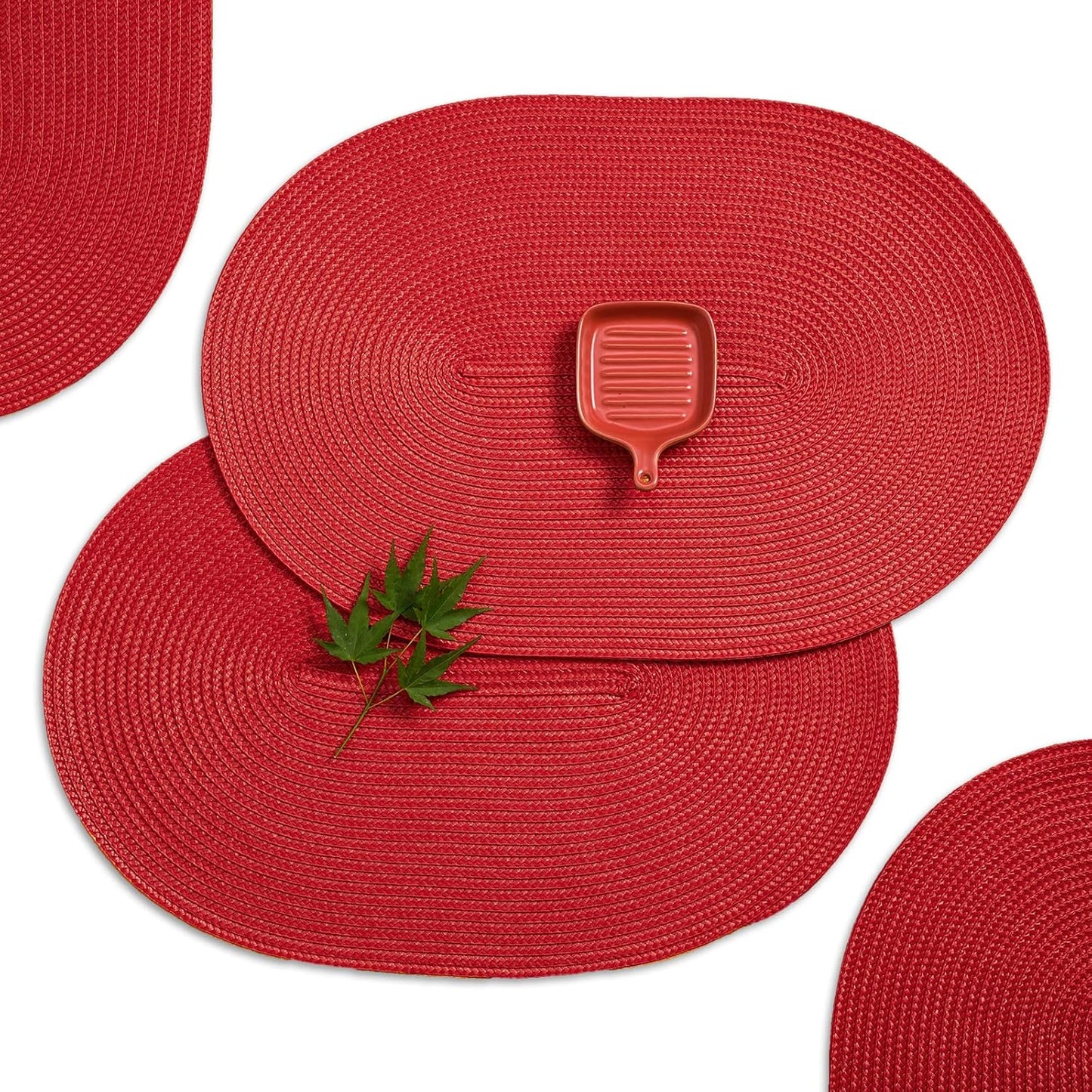 AHHFSMEI Placemats Set of 6 for Dining Table Washable Woven Vinyl Non-Slip 18x12 inches Placemat Heat-Resistant Durable Table Mats for Dining Table Easy to Clean (Oval red, 6)