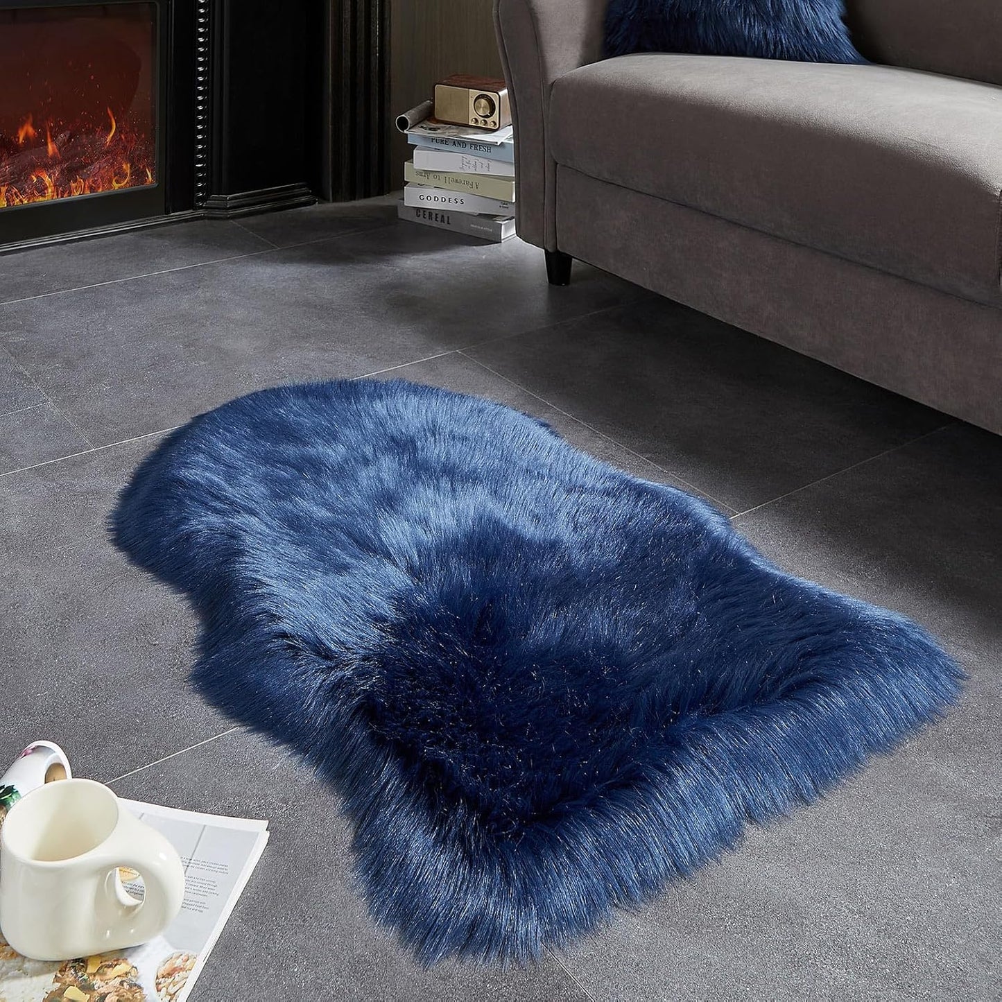 AMTOVO Faux Fur Rug, Dark Blue Small Area Rug, Fluffy Sheepskin Rug, Fuzzy Ultra Soft 2 x 3 ft Shag Rugs for Bedroom Sofa Throw Cushion Room Decor, Sheepskin