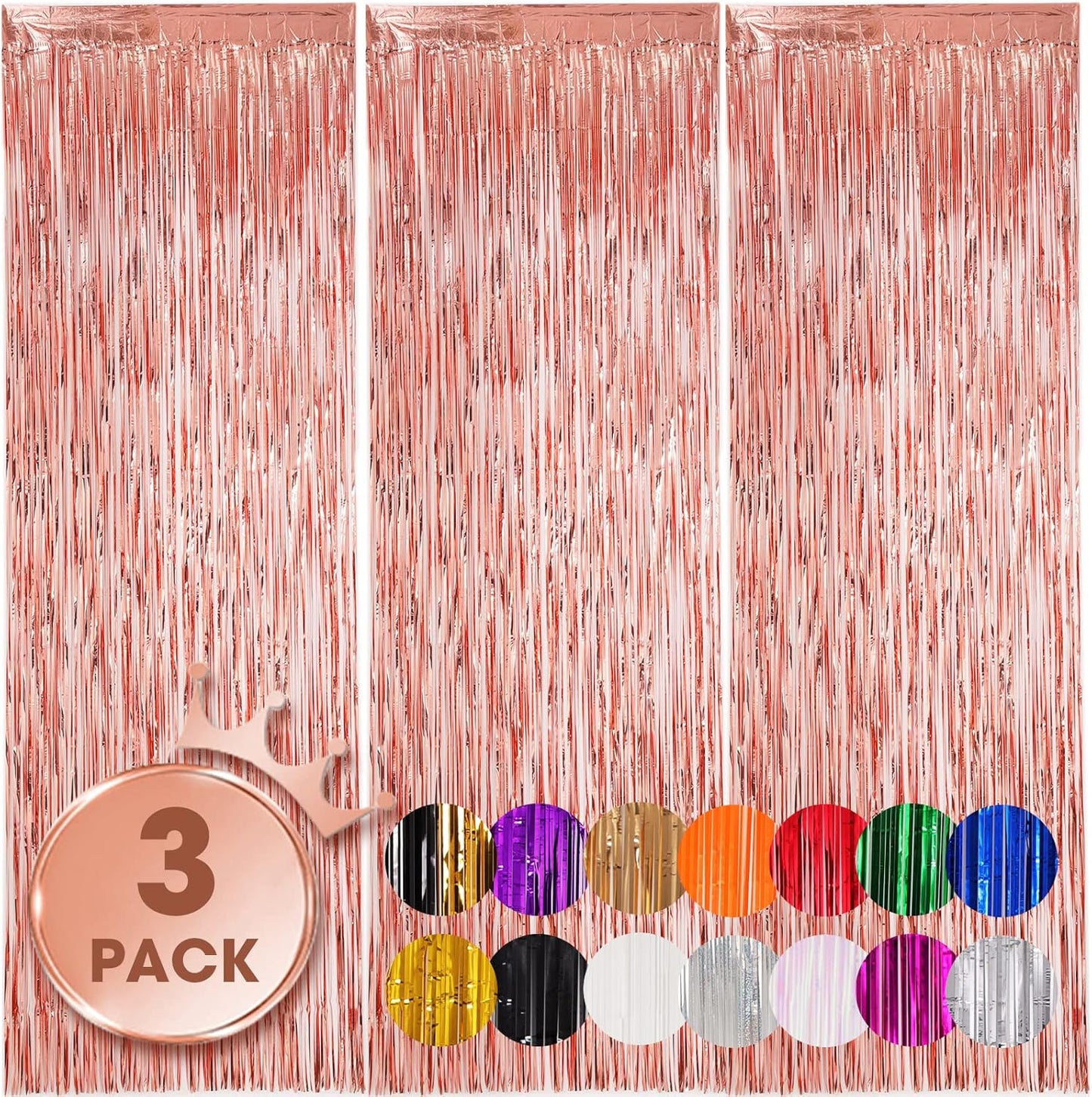3 Pack 3.3x8.2 Feet Rose Gold Foil Fringe Backdrop Curtains, Tinsel Streamers Birthday Party Decorations, Fringe Backdrop for Graduation, Baby Shower, Gender Reveal, Disco Party