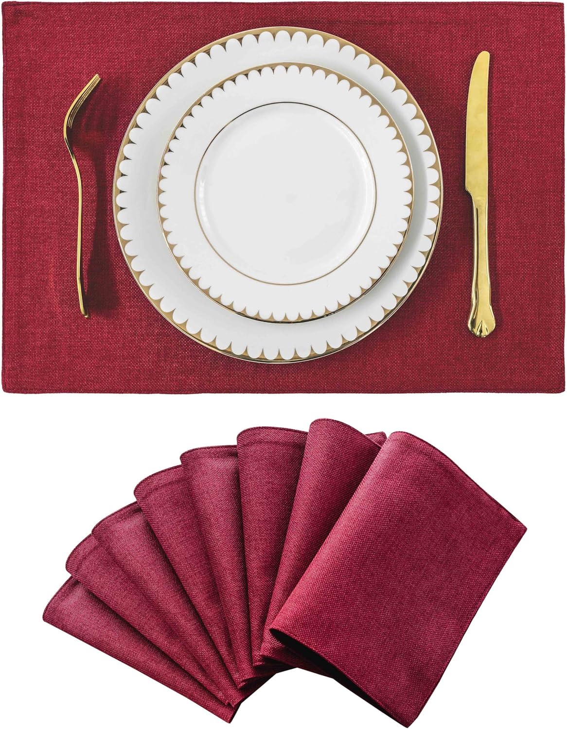 Home Brilliant Cloth Placemats Set of 8 Red Linen Placemats for Dinner Heat Resistant Dining Table Mats Kitchen Place Mats, Dark Red Burgundy
