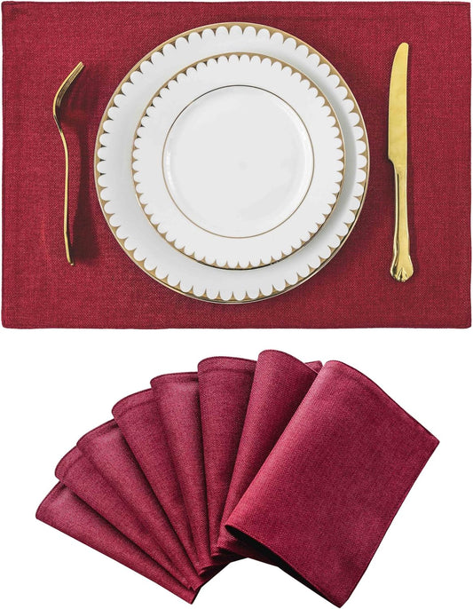 Home Brilliant Cloth Placemats Set of 8 Red Linen Placemats for Dinner Heat Resistant Dining Table Mats Kitchen Place Mats, Dark Red Burgundy