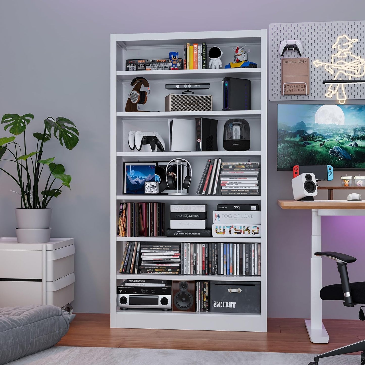 Metal DVD Storage Cabinets White, 7-Tier CD Storage Rack with Adjustable Shelves for CD Holder, Books, Games, Book Shelf for Living Room & Home Office