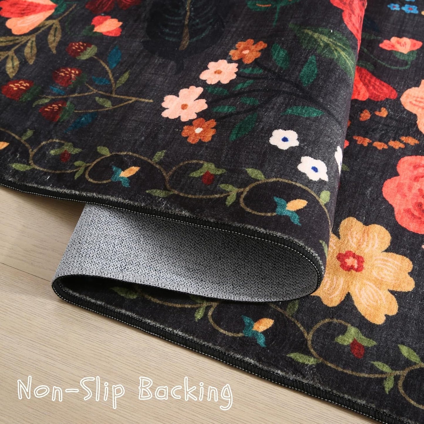 Runner Rug for Hallways Kitchen Rug Non Slip 2'x 6' Washable Runner Rugs with Rubber Backing Soft Floral Carpet Runner for Hallways, Kitchen, Laundry, Bedroom, Bathroom(Black)