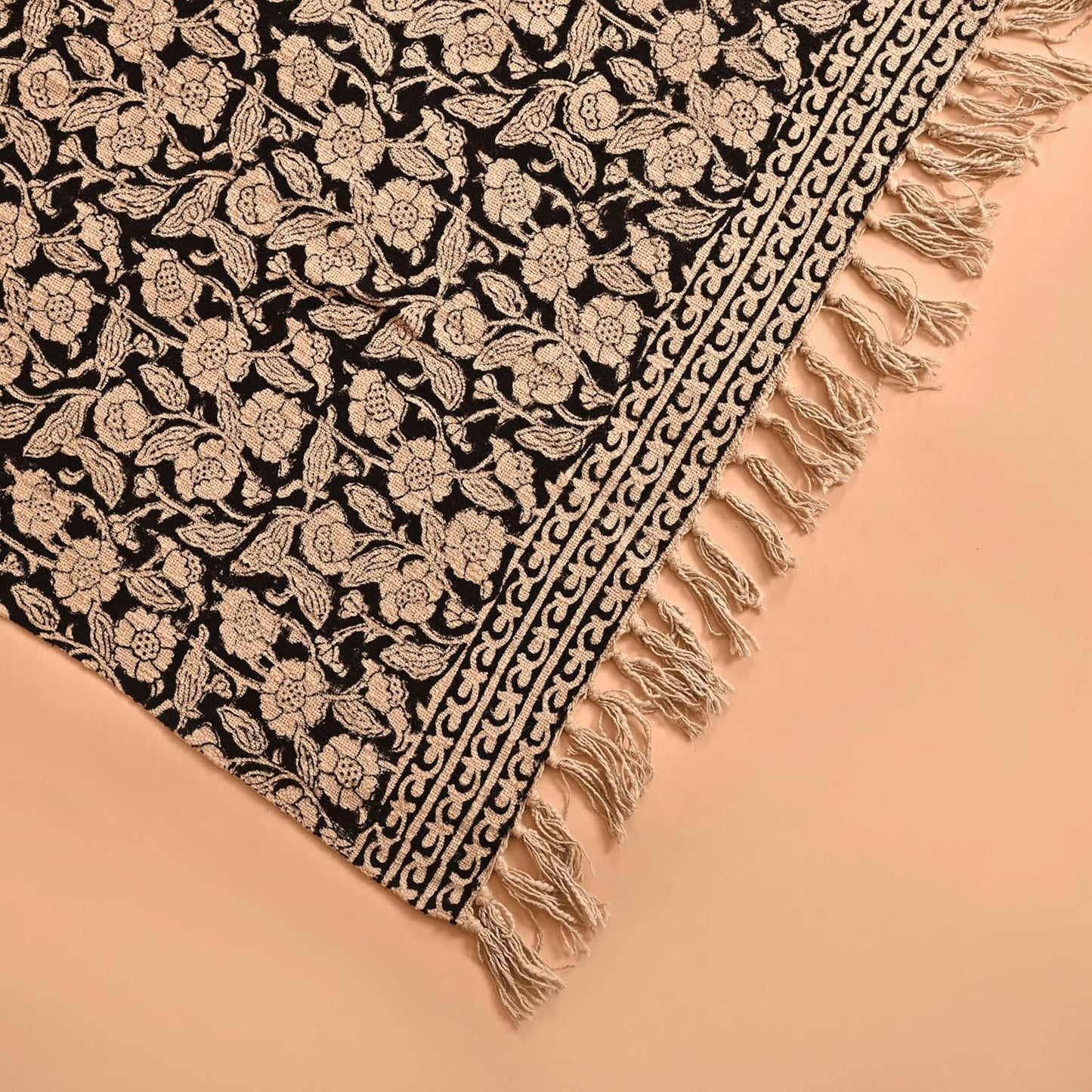 Handmade Cotton Throw Blanket 55x80 Inches | Black & Beige Floral Block Print Decorative Sofa Throw with Tassels | Large Lightweight Cotton Bedspread for Living Room, Couch, or Bedroom