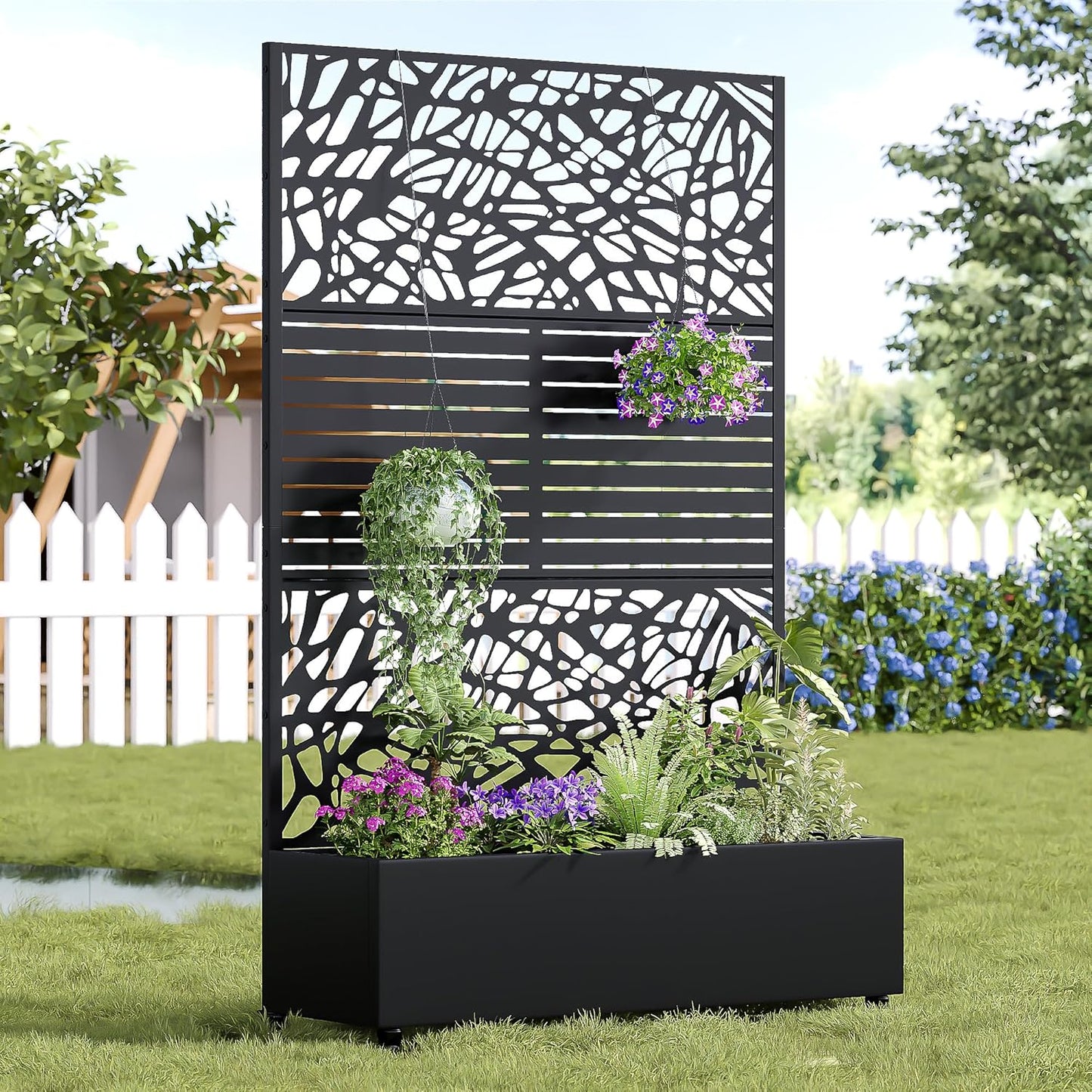 Casaphoria Metal Raised Garden Bed with Trellis and Wheels, 72"x47"x16" Planter Box for Climbing Plants, Vegetables & Vines, Features Drainage Holes and Privacy Screen, Black(Net&Helen)
