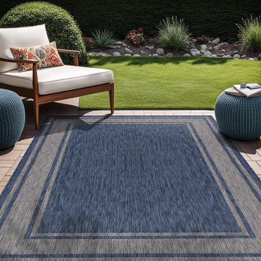 Beverly Rug Large Outdoor Rug 9x12 Modern Bordered Area Rugs for Indoor and Outdoor Patio Deck Porch Garden Waterproof Weather Sun Resistant Washable Outside Carpet (9 x 12 Navy)