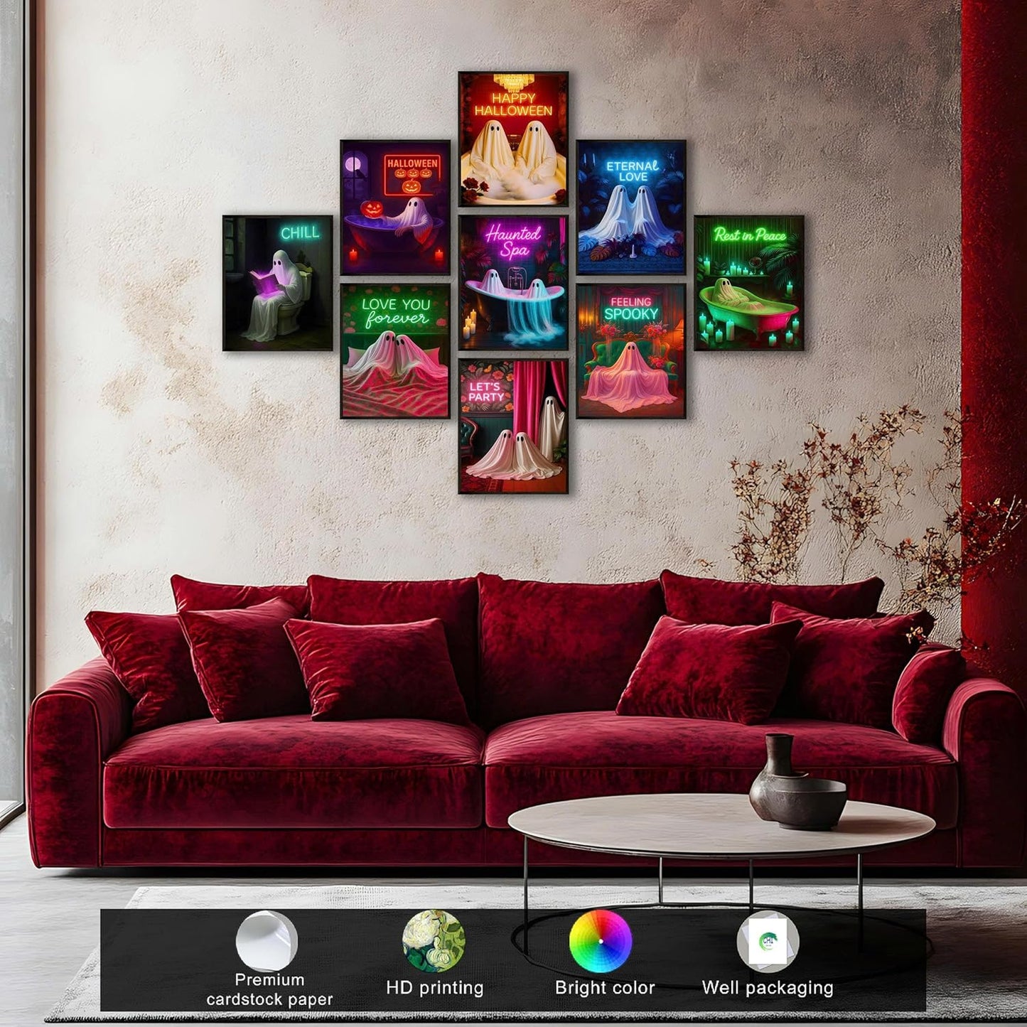 LANCHI95 Halloween Ghosts Wall Art Halloween Wall Art Gothic Romantic Couple Cute Ghost Wall Decor Pictures Horror Wall Decor for Living Room Bedroom, Set 9pcs - 8x10 in (UNFRAMED)