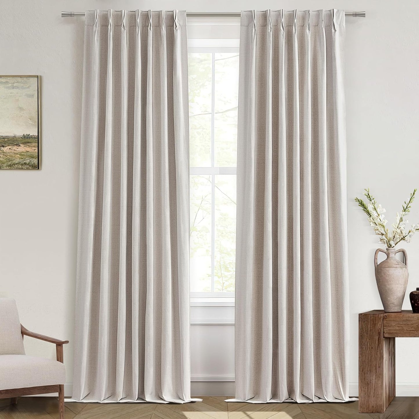 Primitive Curtain 112 Inch Long 2 Panels Burg,Pinch Pleated Cream Linen Blended Floor Length to Ceiling Traverse Curtains for Living Room Large Blackout Drapes Sun Blocking Window