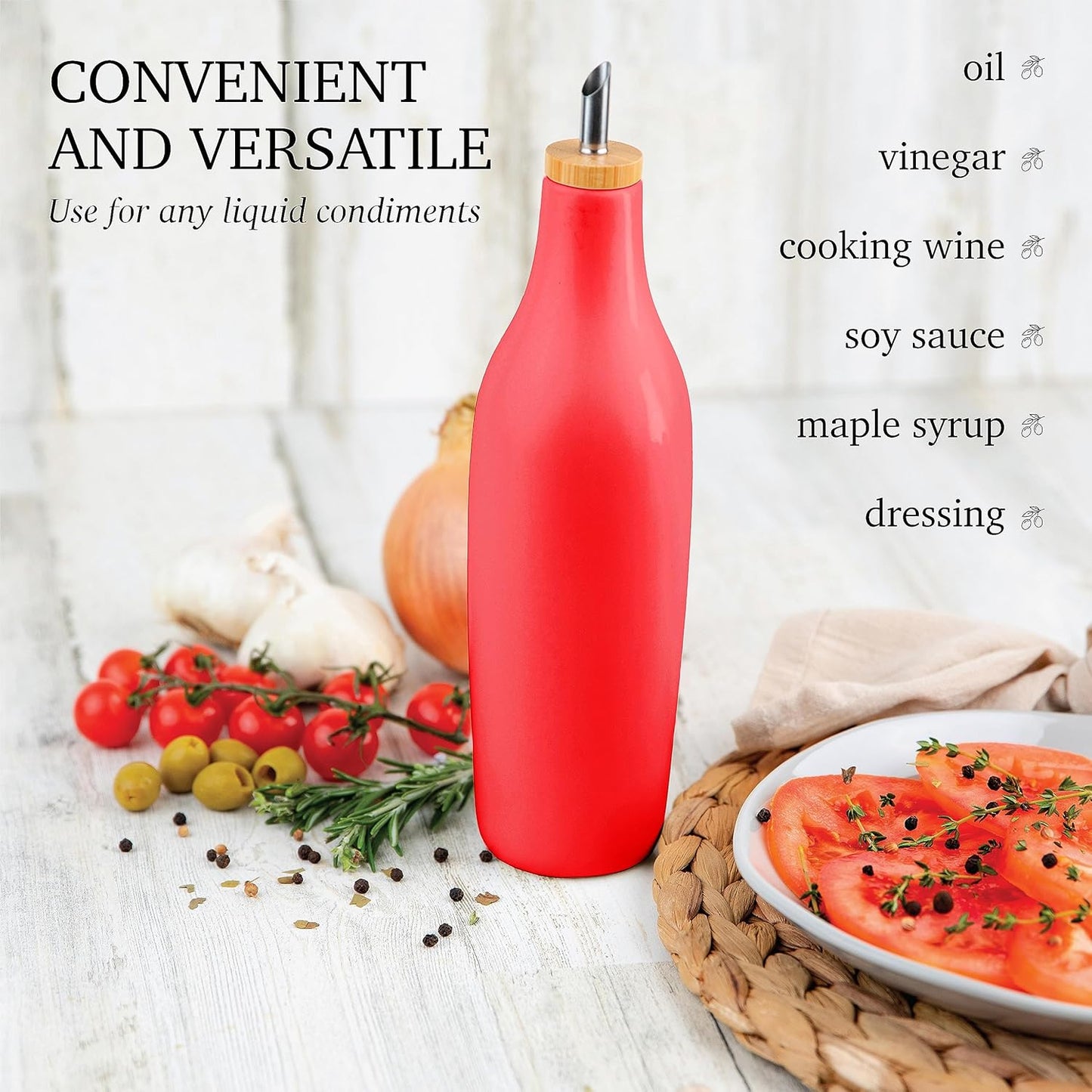 kitchentoolz Olive Oil Stoneware Dispenser Bottle, Ceramic 16 Oz Container for EVOO or Vinegar Kitchen Counter, Red