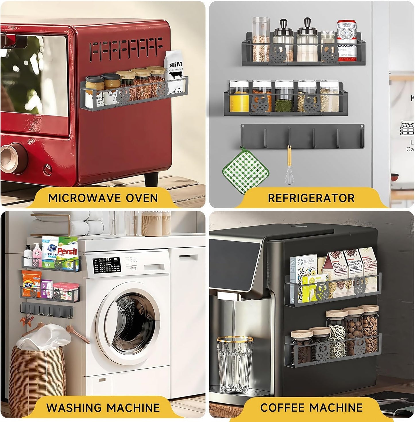 Spice Rack Magnetic for Fridge,Magnetic Fridge Shelf,Spice Shelf,Condiment Organizer,Refrigerator Organizers and Storage with Magnetic Hooks,Owl Kitchen Decor(Gray)