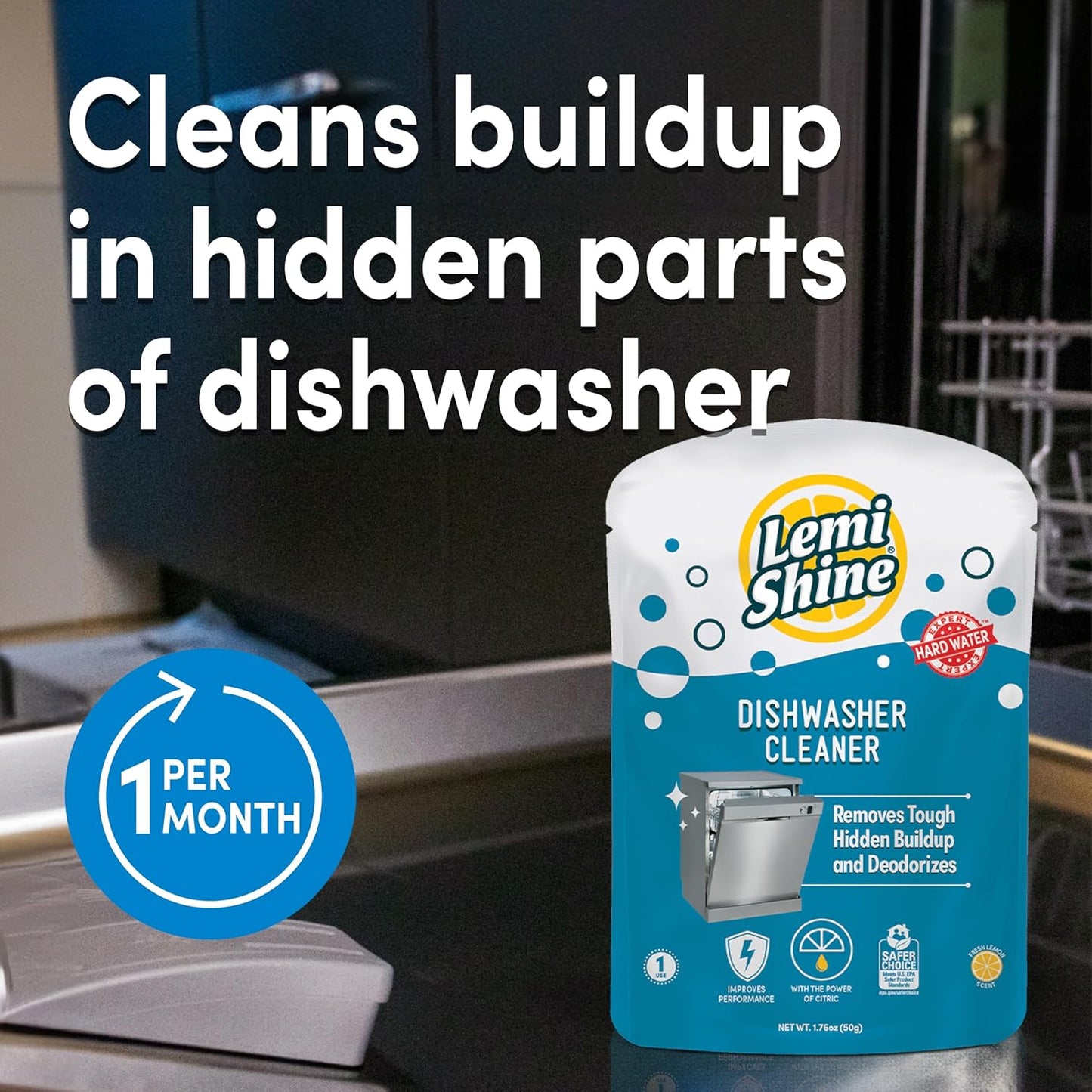 Lemi Shine Natural Dishwasher Cleaner - Dishwasher Cleaner and Deodorizer Powered by Citric Acid and a Natural Fresh Lemon Scent (1 Count)