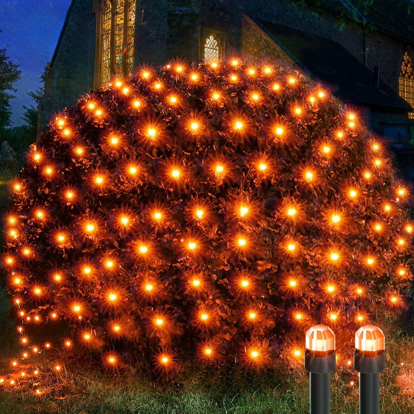 WBao Halloween Lights Outdoor 200LED F8 Big Bulbs, 8.4ft x 5.2ft Halloween Net Lights with 8 Modes, Timer, Connectable, Waterproof & Dark Green Wire for Lawn, Bushes, Trees Outdoor Decorations, Orange