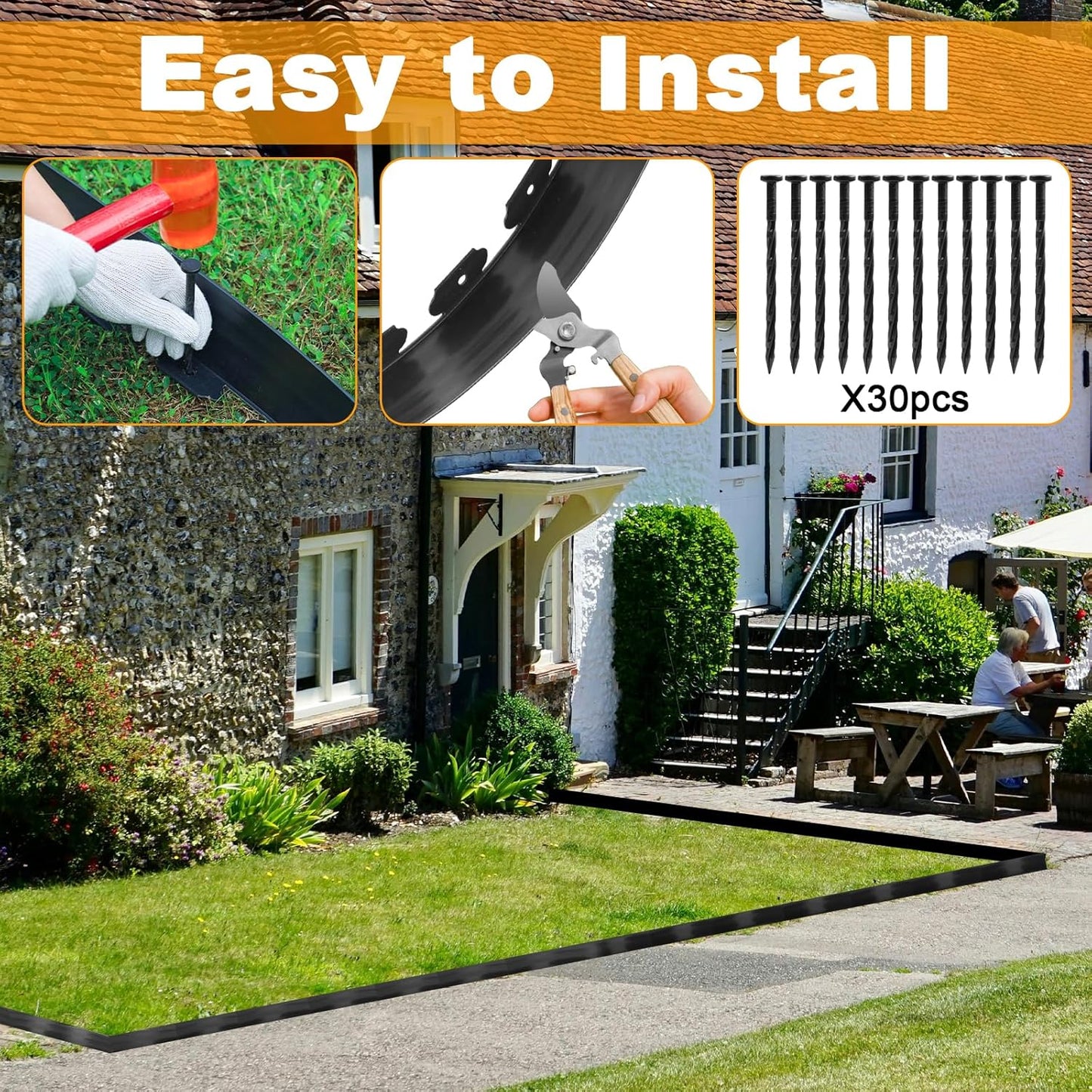 Landscape Edging 4Pack, 4in Tall-132FT Length Garden Edging with 120pcs Spikes, Plastic No Dig Edging for Landscaping, Garden Edging Border for Lawn, Flower Bed, Yard Pathway