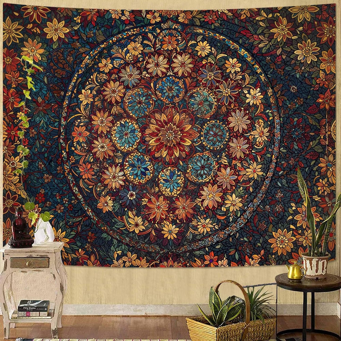 Fowocu Boho Floral Mandala Tapestry Wall Hanging Vintage Bohemian Flower Medallion Tapestry Aesthetic Orange Stained Glass Hippie Small Tapestries for Bedroom Living Room Dorm Decor 48 x 36 Inch