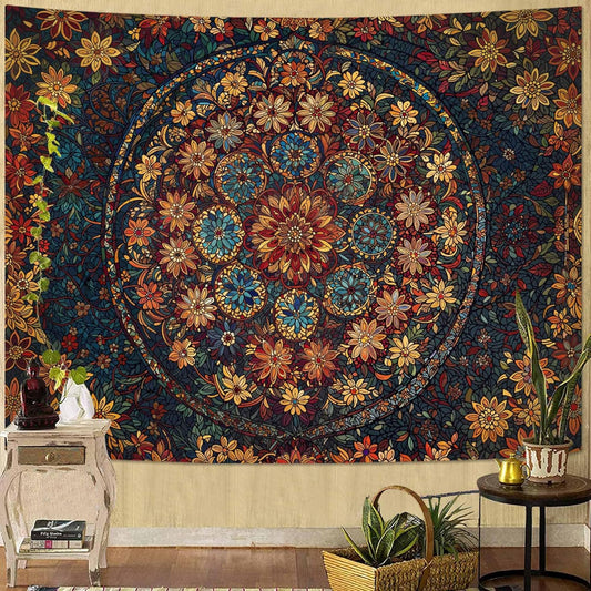 Fowocu Boho Floral Mandala Tapestry Wall Hanging Vintage Bohemian Flower Medallion Tapestry Aesthetic Orange Stained Glass Hippie Large Tapestries for Bedroom Living Room Dorm Decor 80 x 60 Inch