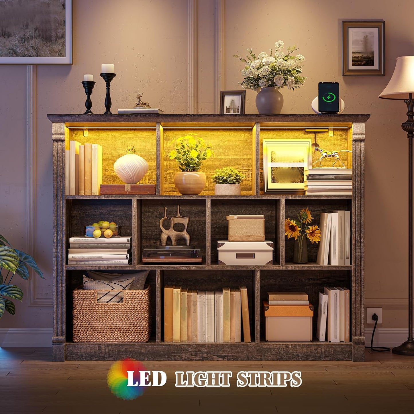 EnHomee 10 Cube Storage Organizer with LED Light and Charging Station Wood Cube Shelf Display Cabinet for Bedroom Living Room,Office,Black Oak