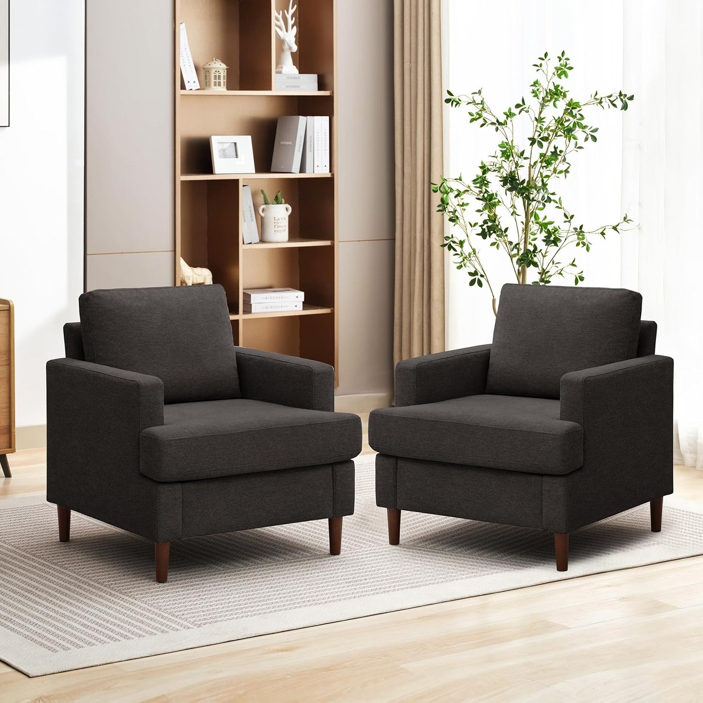 Mid-Century Accent Chair,Modern Linen Fabric Armchair for Living Room,Comfy Upholstered Reading Accent Chairs for Bedroom,Single Sofa Chair with Wood Legs (Dark Grey, 2 Pack)