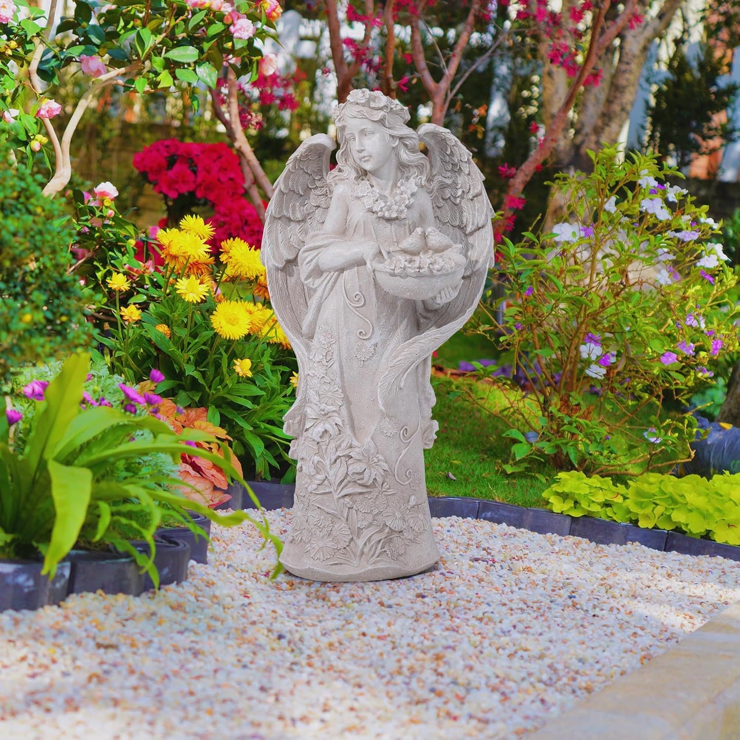 Outdoor Statues Angel Décor Garden Statue,23.5" H Angel Statue, Resin Angel with Bird Figurine,Gifts for Women and Men,Outdoor Garden Decor Ornaments for Outside (White)