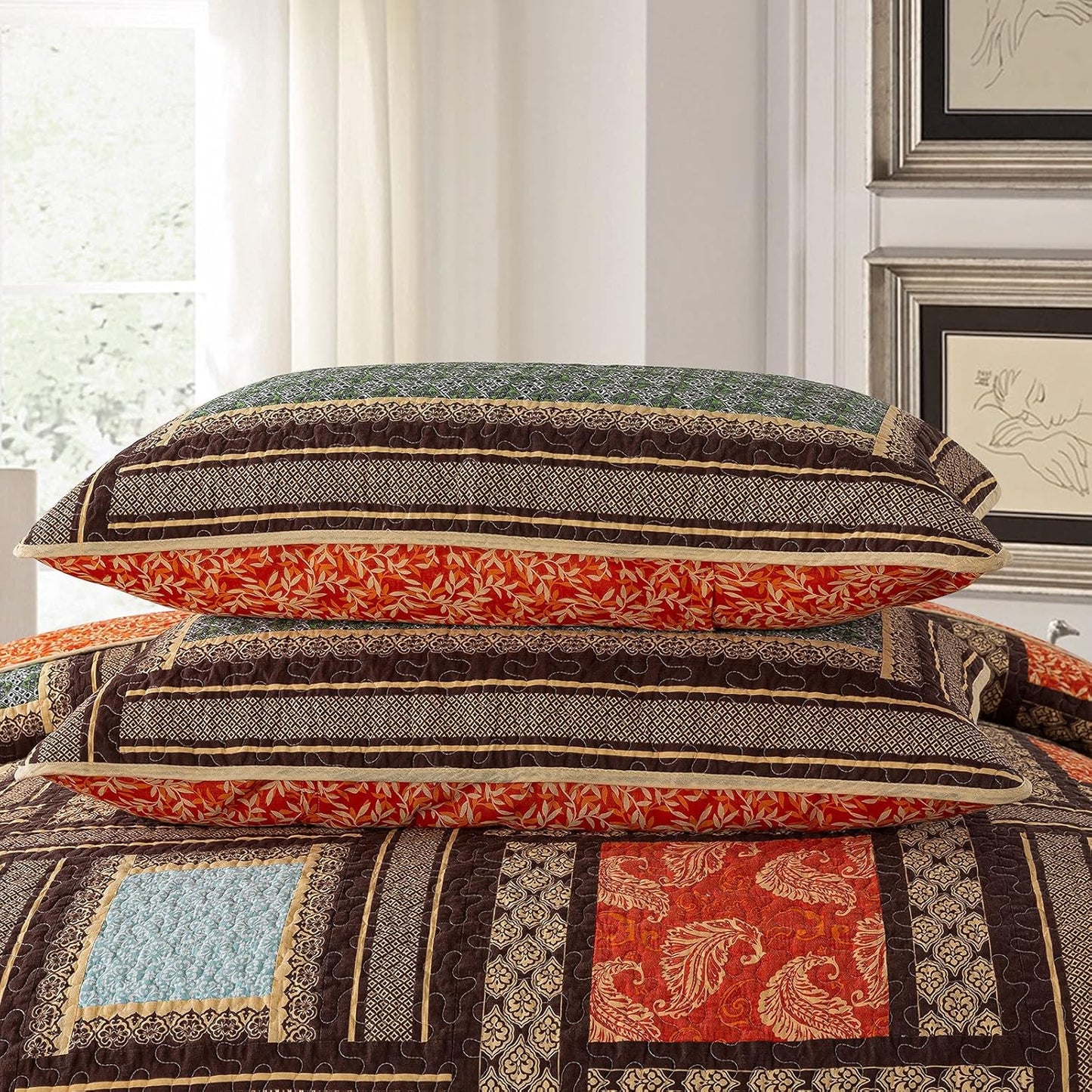NEWLAKE Cotton Patchwork Bedspread, 3-Piece Bedding Quilt Set with Real Stitched Embroidery, Reversible Matelasse Bed Coverlet Set,Bohemian Farmhouse,King Size