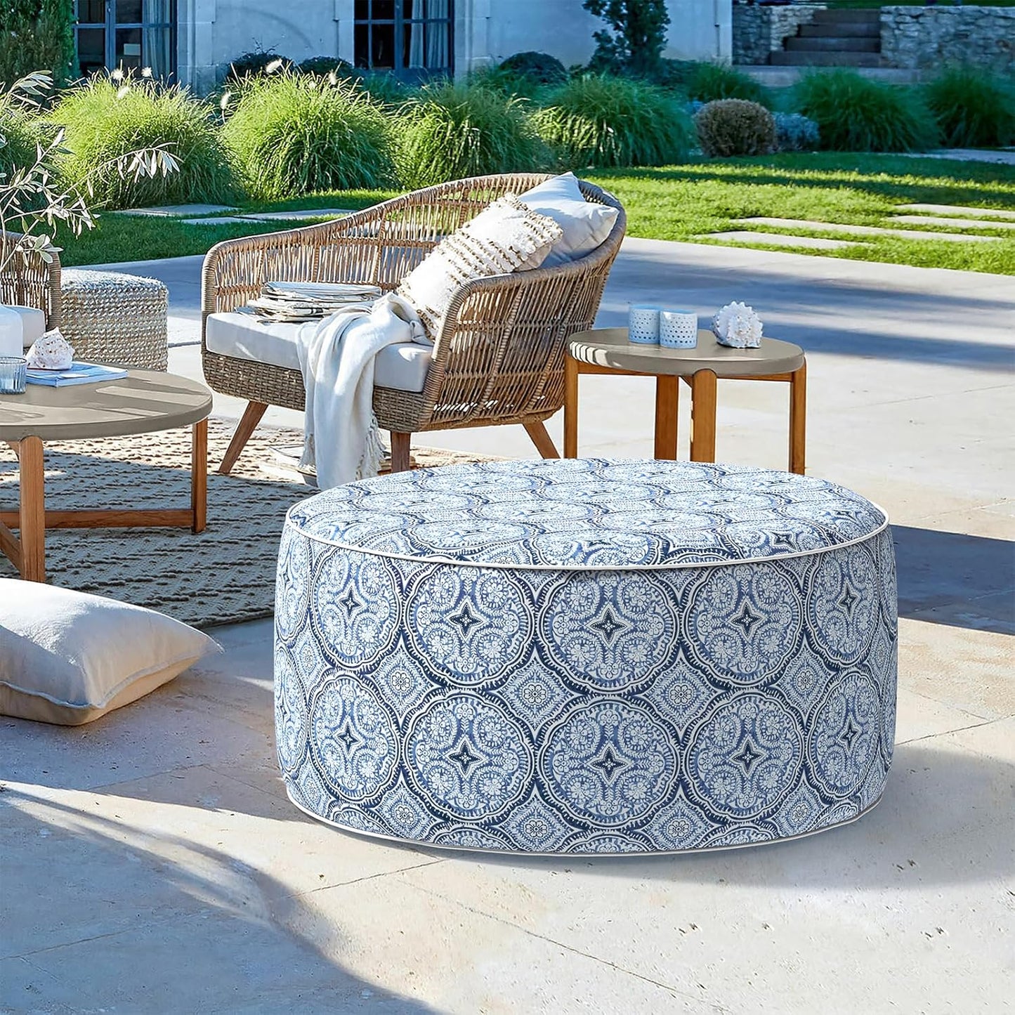 LVTXIII Outdoor Inflatable Ottoman, Fade-Resistant Round Footrest Stool D31”x H14”, Portable Patio Pouf for Garden Camping or Home Use, Medallion Blue