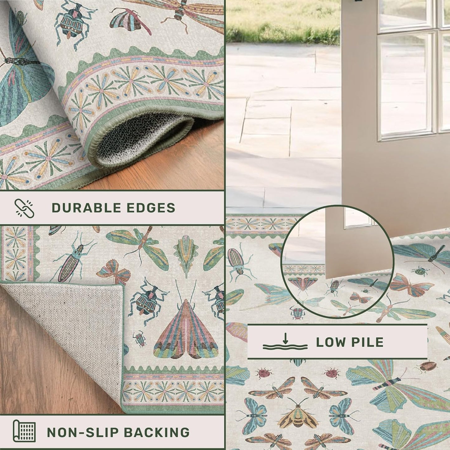 Light Blue and Pink Rug 4x6 Rugs for Bedroom Under Bed - Insect Print Multi Color Decor, Low Pile Non Slip Stain Resistant Throw Rug for Nursery Room Boys, Kitchen, Floor Carpet Aesthetic