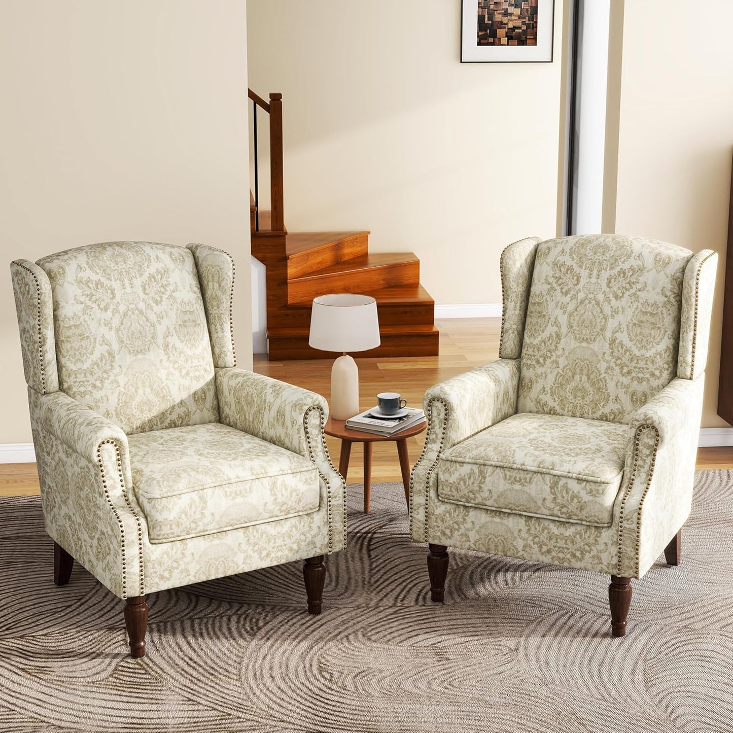 UIXE High Back Floral Accent Chairs Set of 2, Upholstered Armchair in Fabric, Retro Printed Wingback Arm Chair for Living Room, Nailhead Trim Single Sofa Bedroom Reading Seat - White