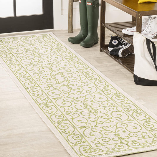 JONATHAN Y Vintage Filigree Indoor Outdoor Runner Rug 2X8 Cream/Green, Charleston Textured Weave for Backyard, Patio, Porch, Easy-Cleaning, High Traffic, Pet-Friendly, Non-Shedding (SMB106I-28)