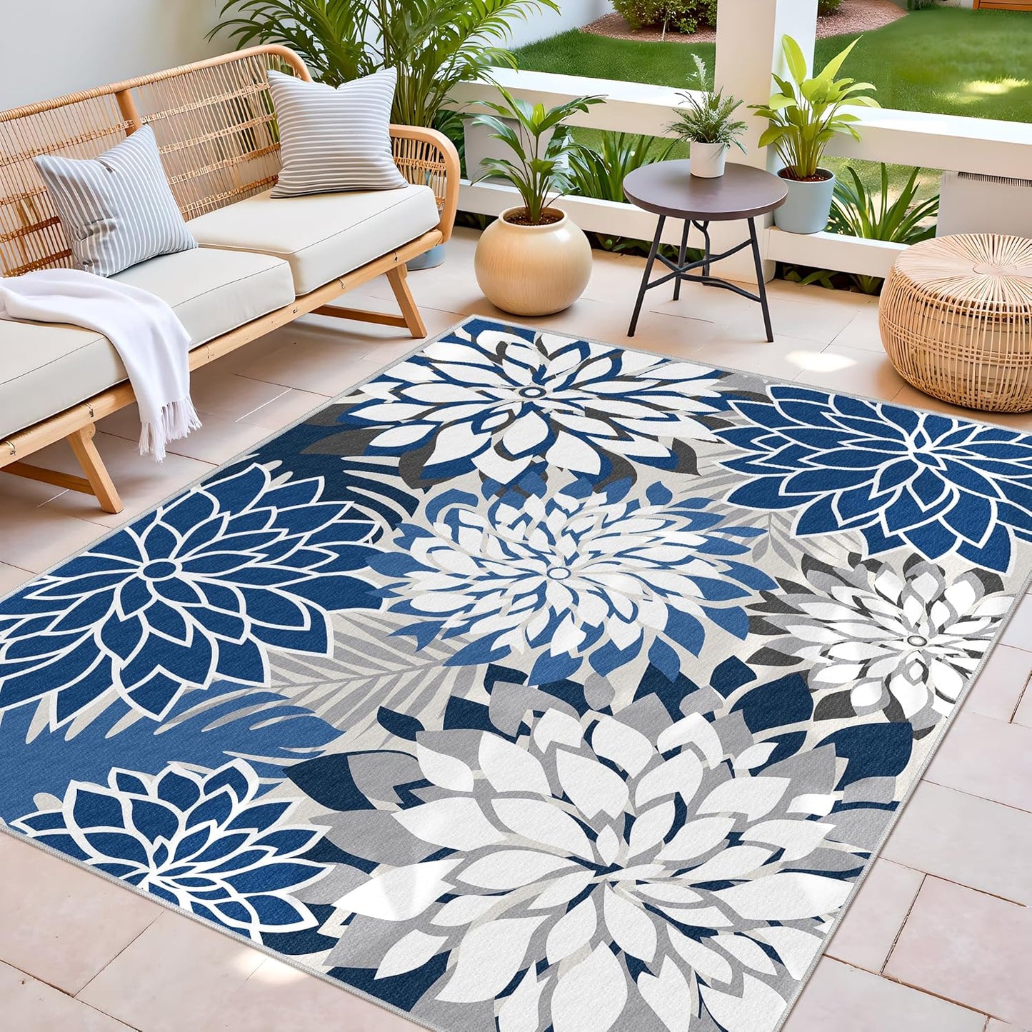 Indoor Outdoor Area Rug Washable Multicolored Patio Rug Tropical Botanical Modern Floral Indoor Outdoor Carpet Blue White Rug Non Slip for Patio, Deck, Backyard, Porch (6x9)