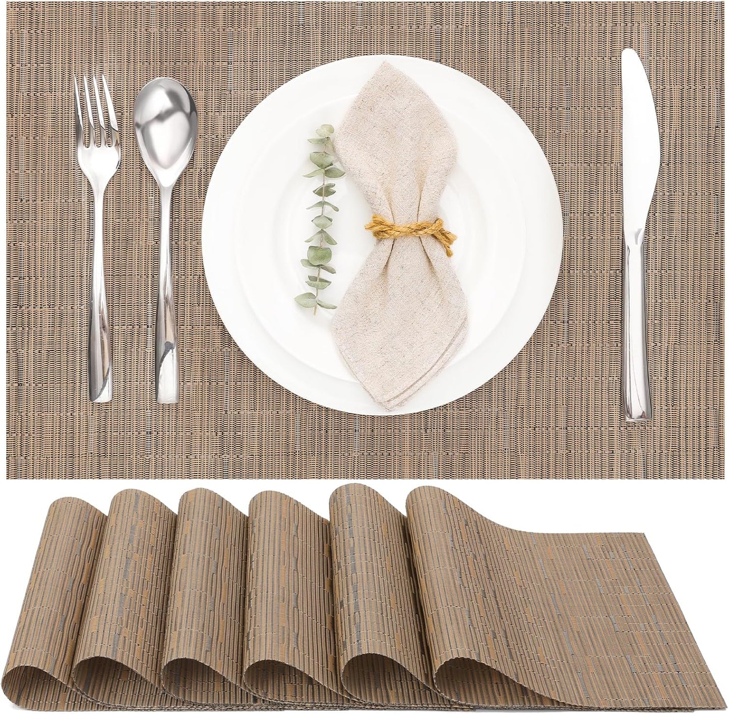 Myir JUN Placemats Set of 6, Vinyl Woven Placemats Place Mats Indoor Washable Table Mats Non-Slip Place mats for Dining Table (Light Brown, Set of 6)