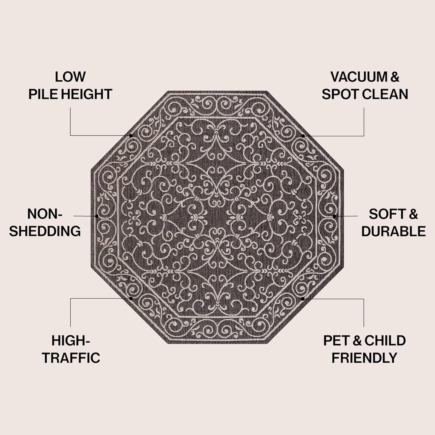 JONATHAN Y Vintage Filigree Indoor Outdoor Octagon Area Rug 8 Ft Black/Gray, Charleston Textured Weave for Backyard, Patio, Porch, Easy-Cleaning, High Traffic, Pet-Friendly Non-Shedding SMB106G-8TGN