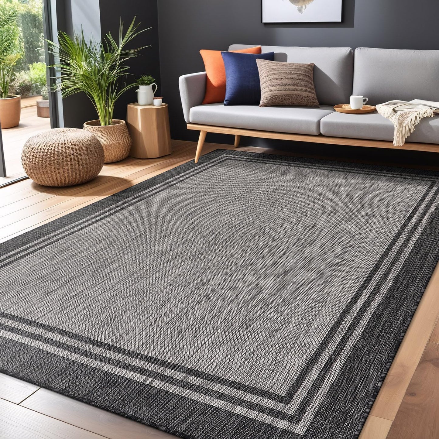 Bordered Outdoor Rug 9x12 Washable Outside Carpet for Indoor Patio Porch Waterproof Easy Cleaning Non Shedding Area Rugs Dark Gray 9 x 12